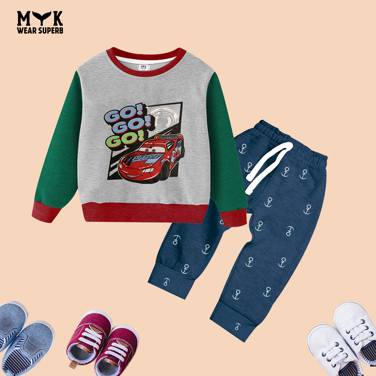 Baby Boy Green Go Go Car Sweatshirt With Blue Anker Trouser 2 Piece Imported Set