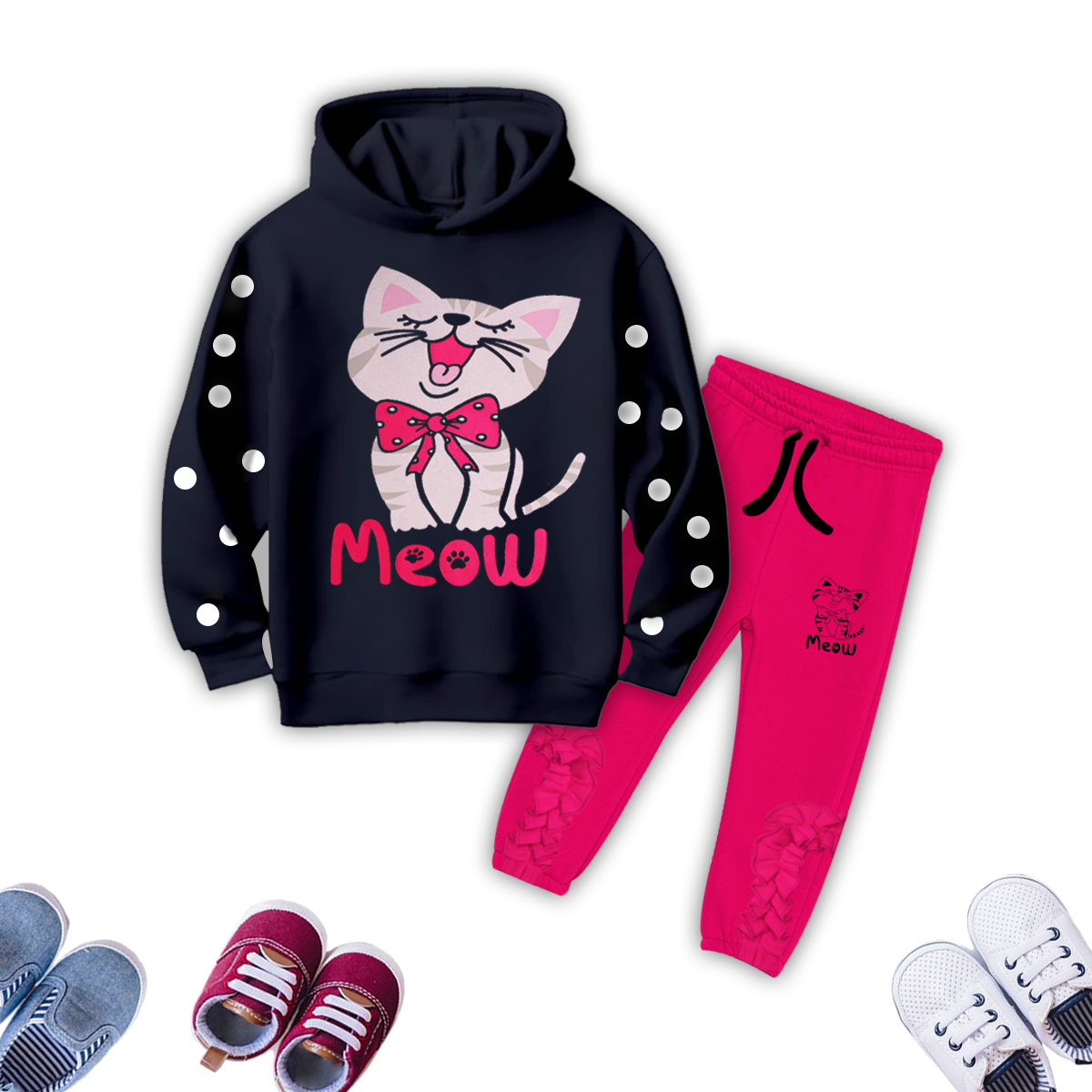 Baby Girls Meow Fleece Navy Blue Hoodie With Pink Frill Trouser 2 Piece premium Quality Set