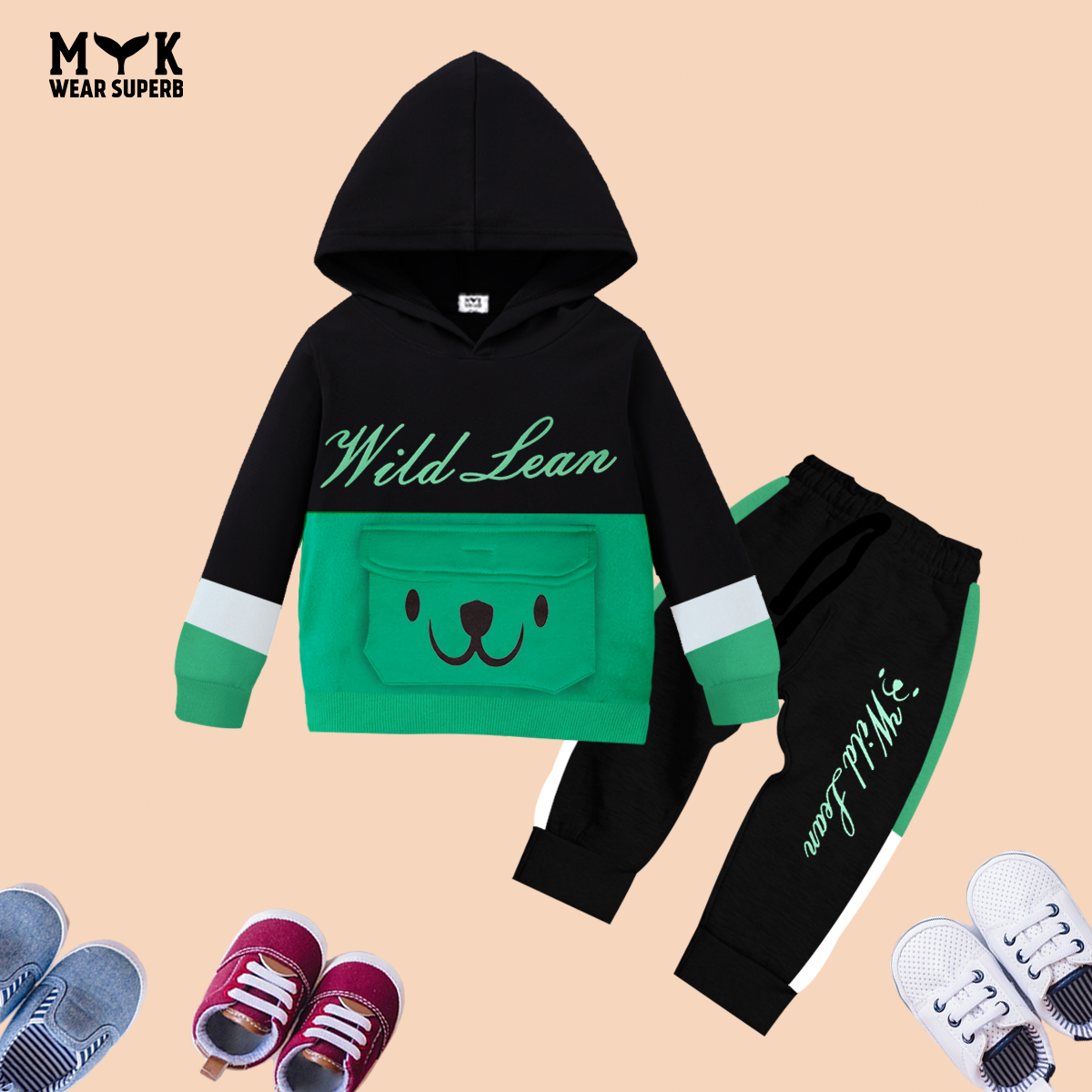 Baby Boys Green & Black Pocket Hoodie With Dori Trouser 2 Piece premium Quality Set