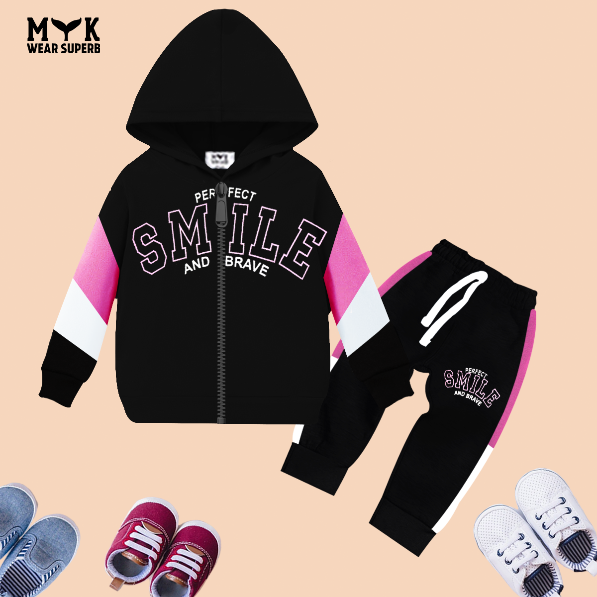 Baby Girl Prefect Smile Pink ,White & Black Zipper Hoodie With Pannel Trouser And Dori Premium Quality Set