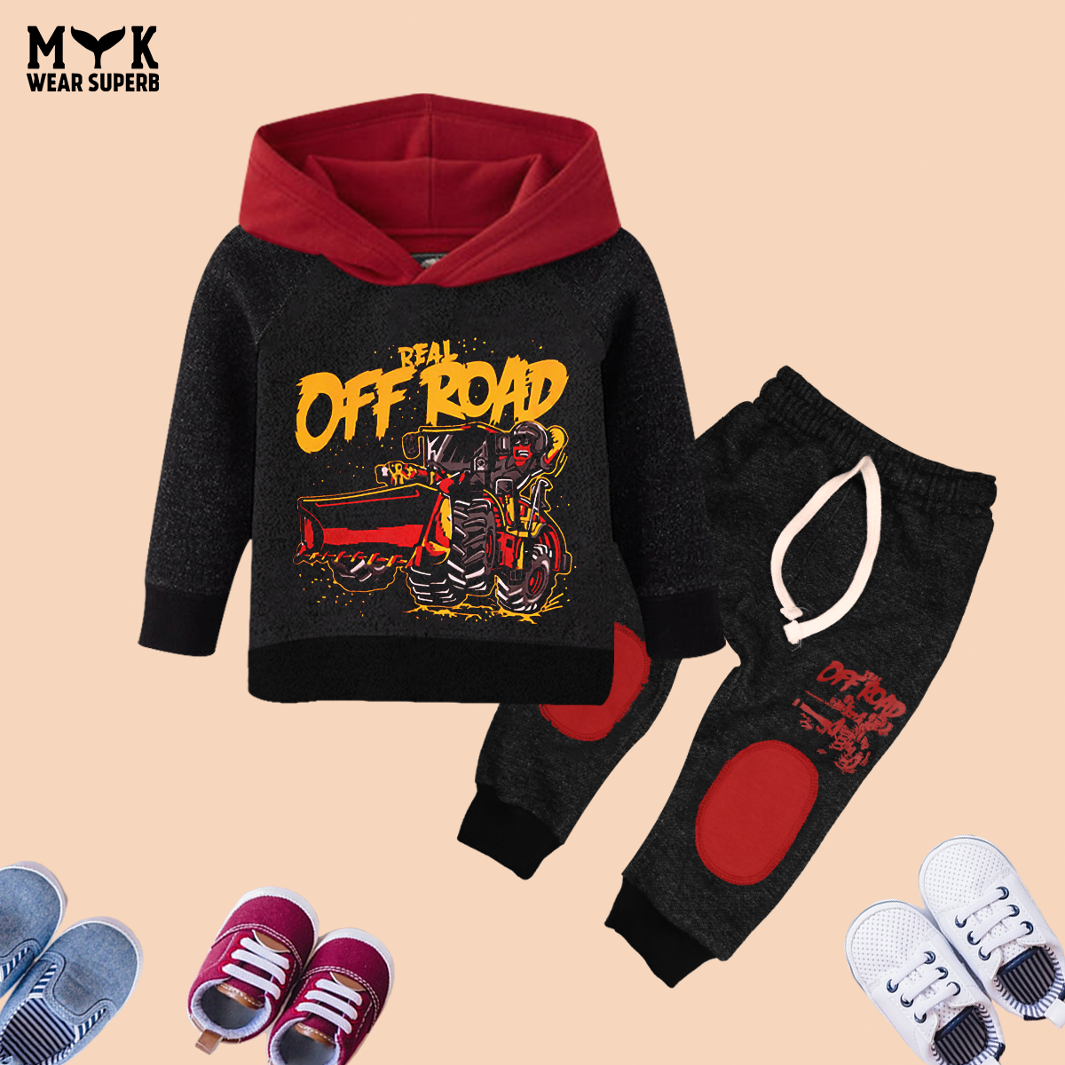 Off Road Charcoal Hoodie with Red Slogan Graphic Patch Colorblock trouser 2 Piece Imported Set