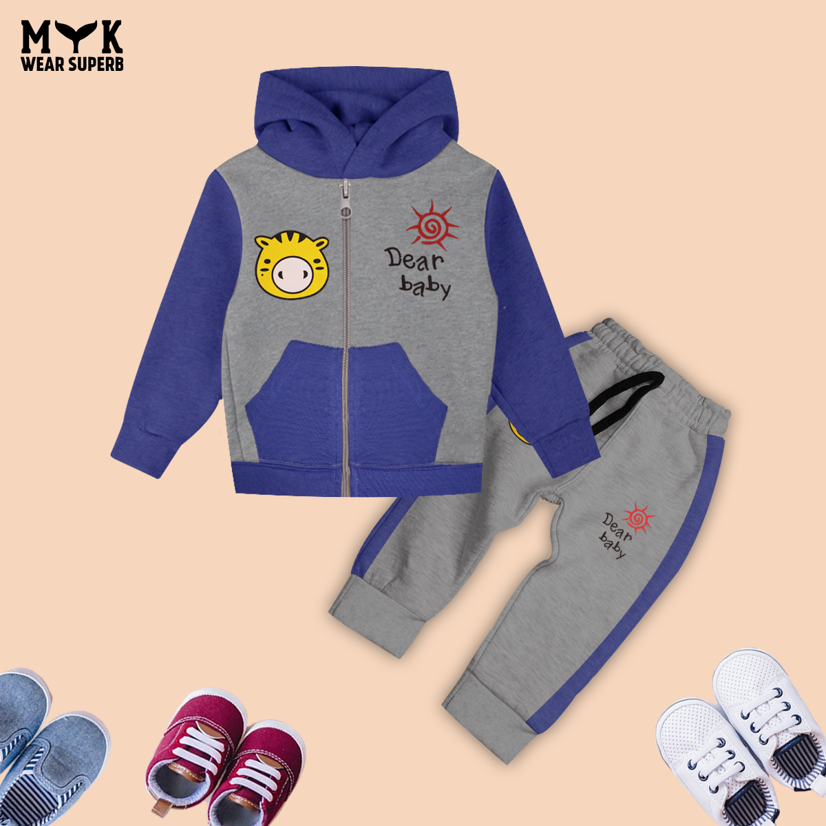 Dear Baby Blue & Grey Zipper Hoodie With Pannel Trouser And Dori 2 Piece Premium Quality Set