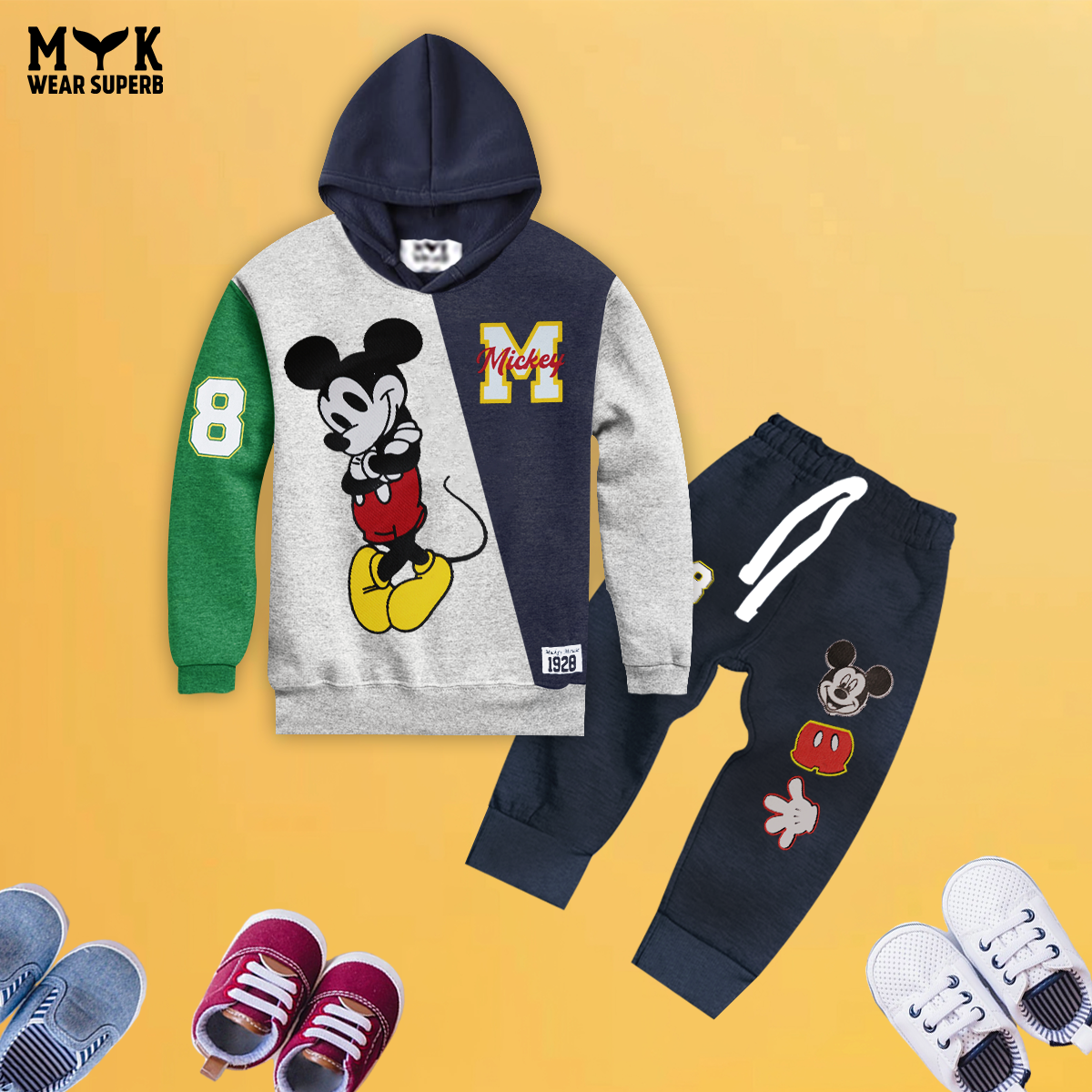 Kids Blue, Grey & green Micky Mouse Fleece Hoodie With Pocket Trouser Outfits Set Imported