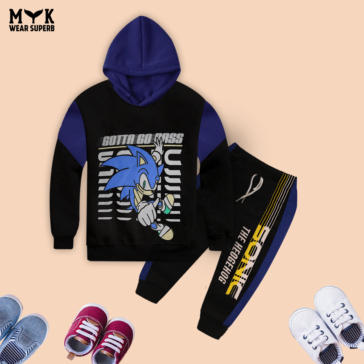 Kids Sonic Blue & Black Fleece Hoodie With Pocket Trouser Premium Quality Set