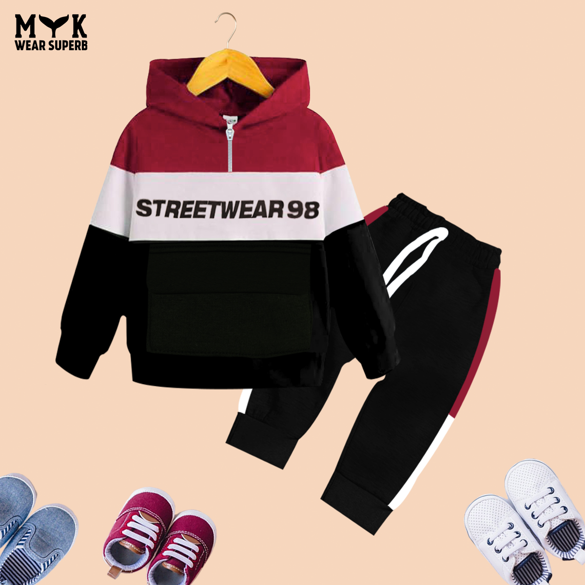 Kids Streetwear 98 Quarter Zipper & Pocket Hoodie With Panel Trouser 2pcs Outfits Set Imported