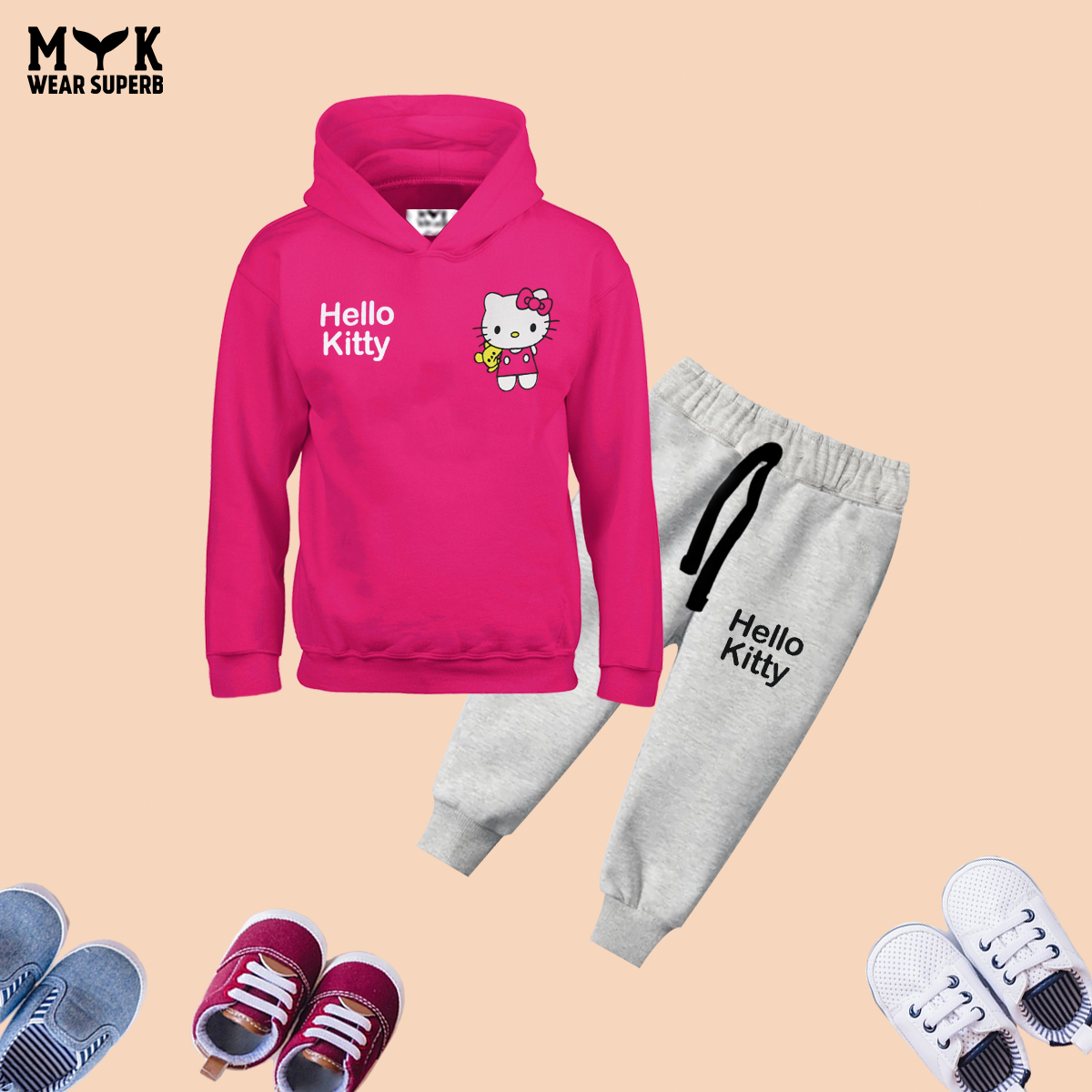 Hello Kitty Pink Hoodie With Grey Pocket Trouser 2pcs  Premium Quality Set