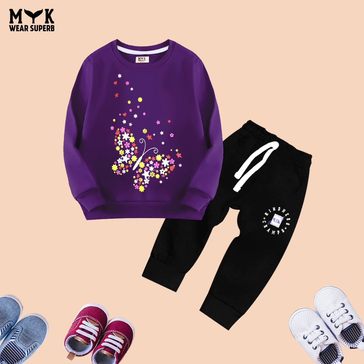 Baby Girl Purple Sweatshirt Butterfly Print & Black Pocket Trouser 2pcs Outfits Set