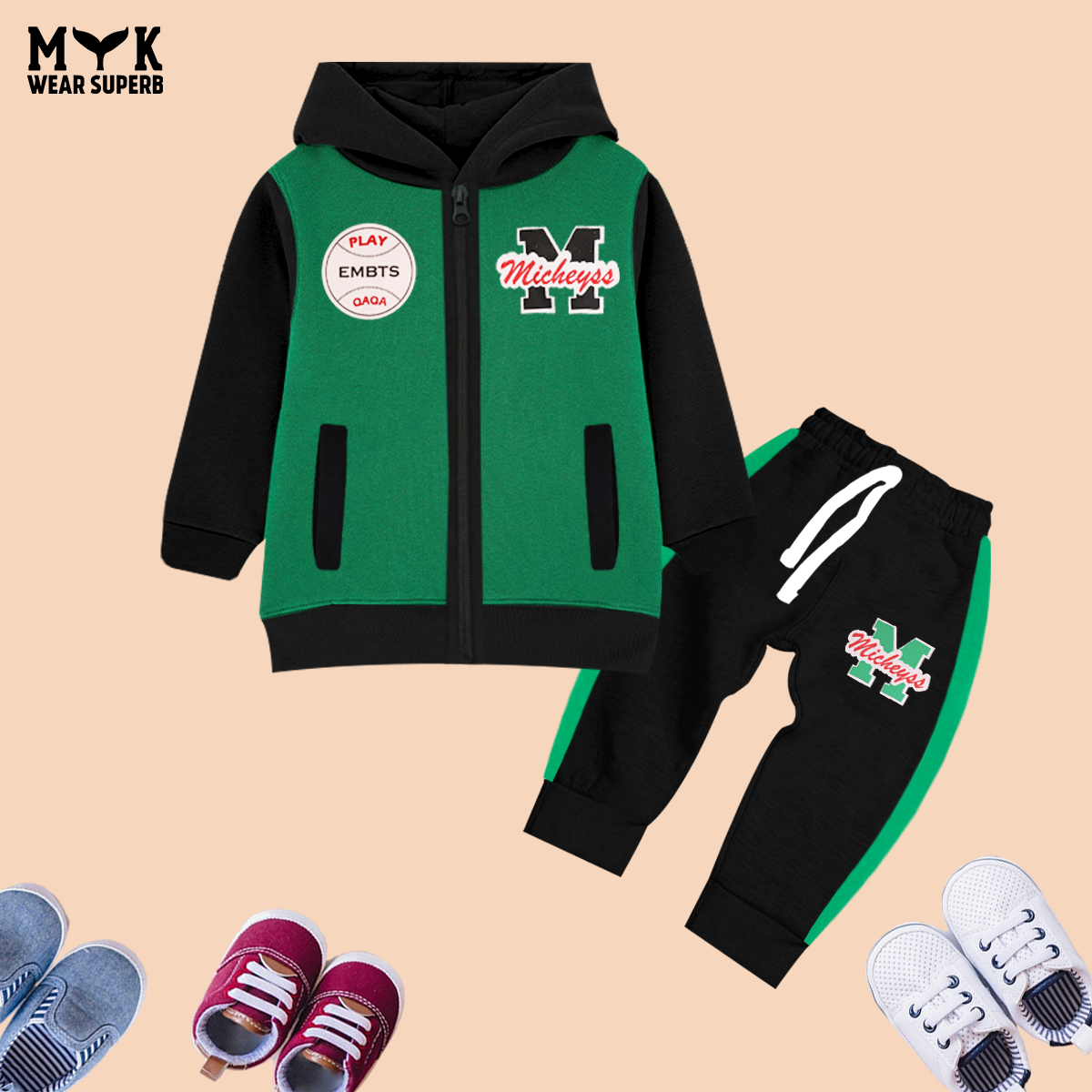 Zipper Green Black Pocket Hoodie With panel Trouser 2pcs Set