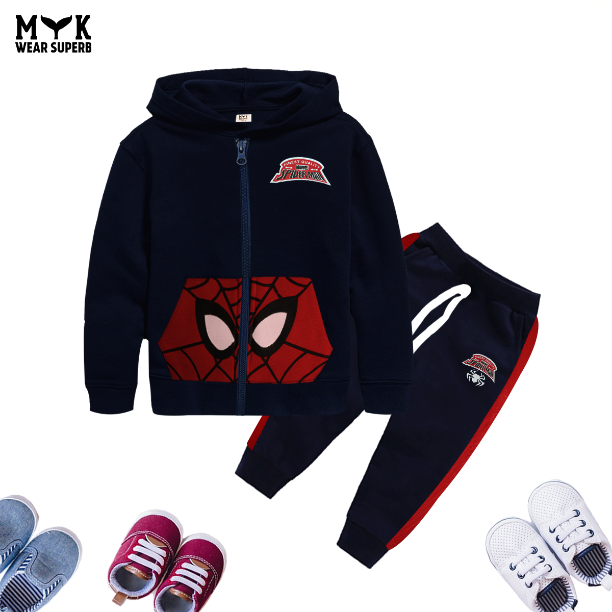 Red & Navy Blue  Spider Man Pocket Hoodie With Panel Trouser 2pcs Premium Quality Set