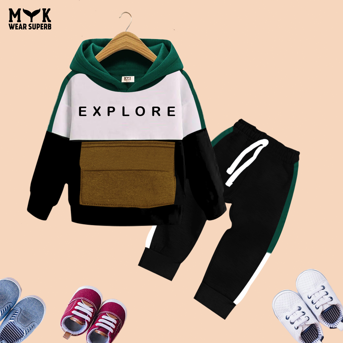 Explore Print Hoodie Dark Green ,White & Black With panel Trouser 2pcs Premium Quality Set