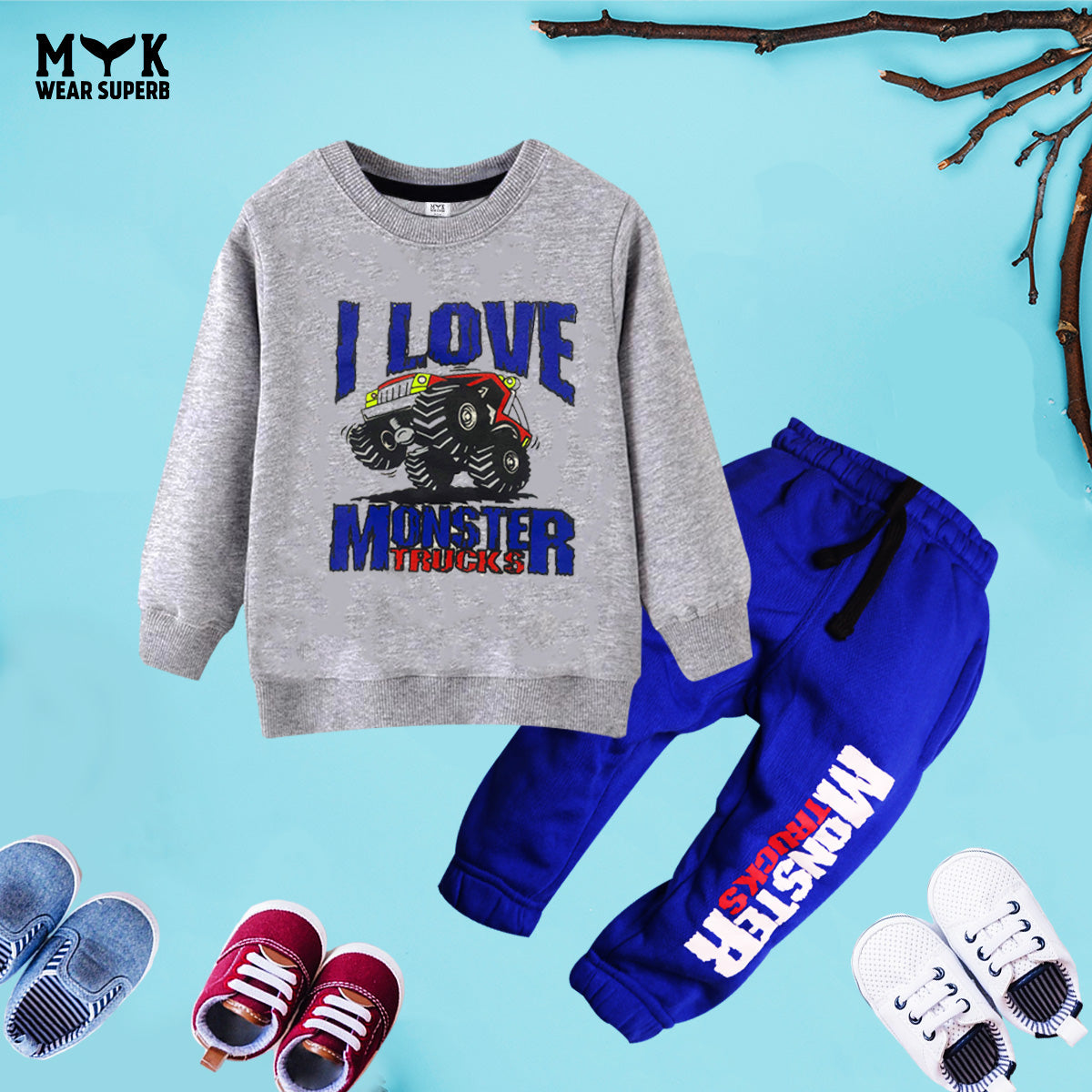 I Love Monster Truck Printed Grey Sweatshirt & Blue Trouser With Dori Outfit Premium Quality Set