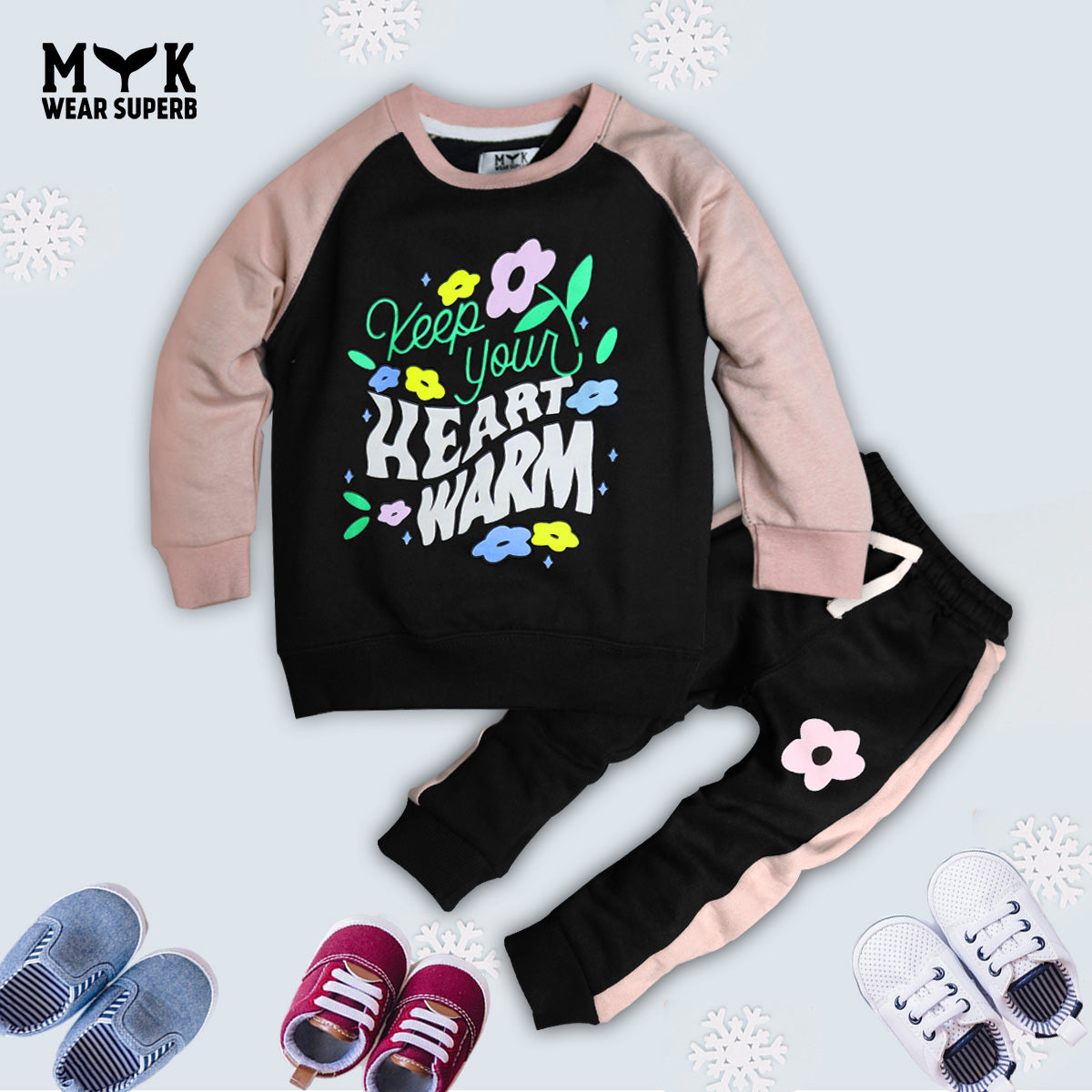 Keep Your Heart Warm Baby Girls Pink & Black Graphic Sweatshirt With Panel Trouser