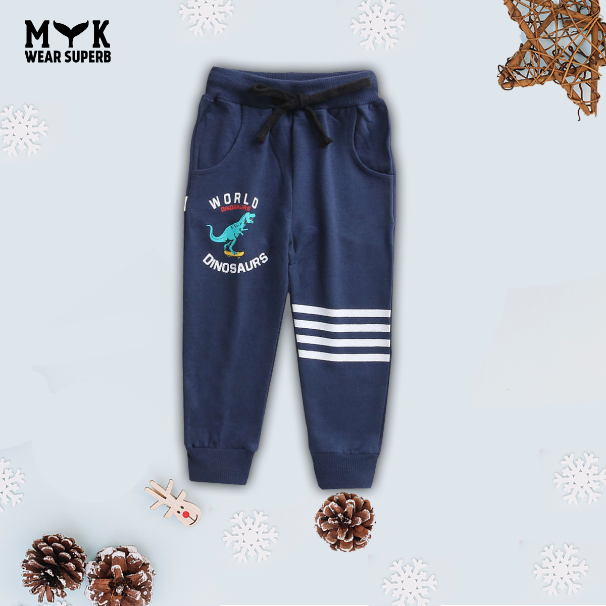 kookie Kids full length navy Blue Dino Printed And Striped Winter Wear Lounge