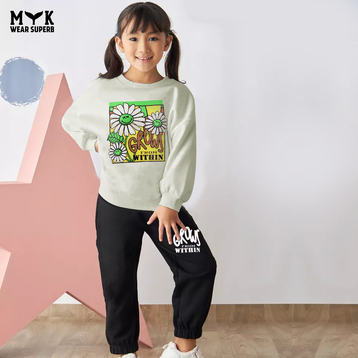 Baby Girls Grows Flowering Fleece White Sweatshirt With Black Trouser  2 Piece premium Quality Set