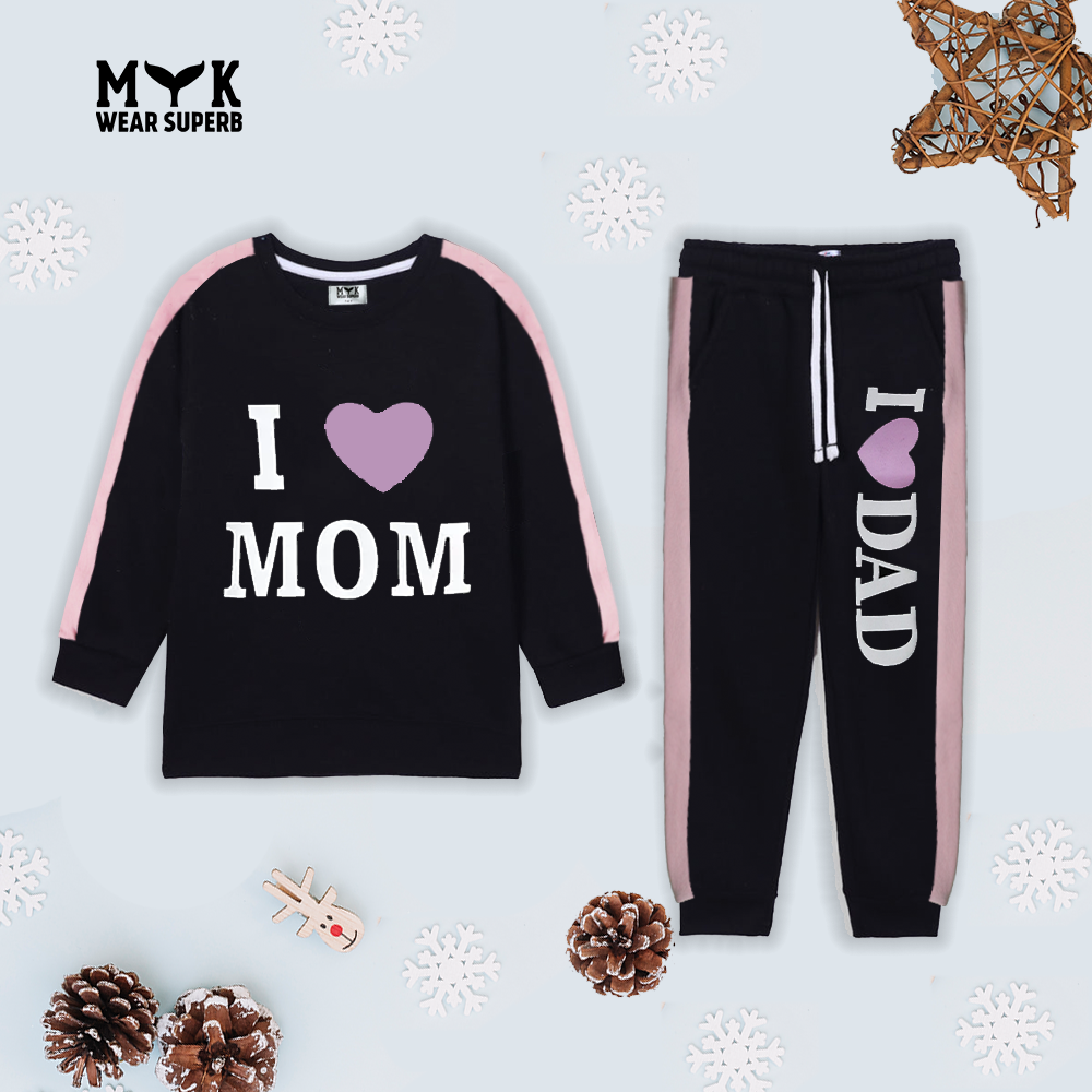 Baby Girls' Casual "I Love Mom, I Love Dad" Slogan Sweatshirt and Trouser 2 Piece Set