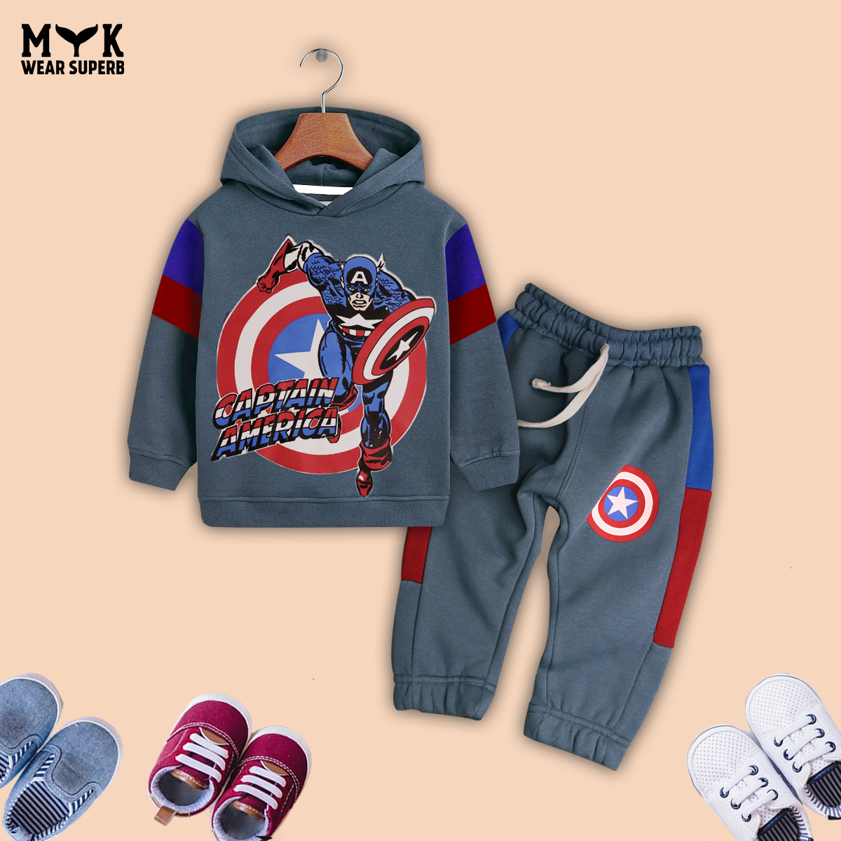 Baby Boys Captain America Hoodie And Panel  Trouser With Dori Outfit Set