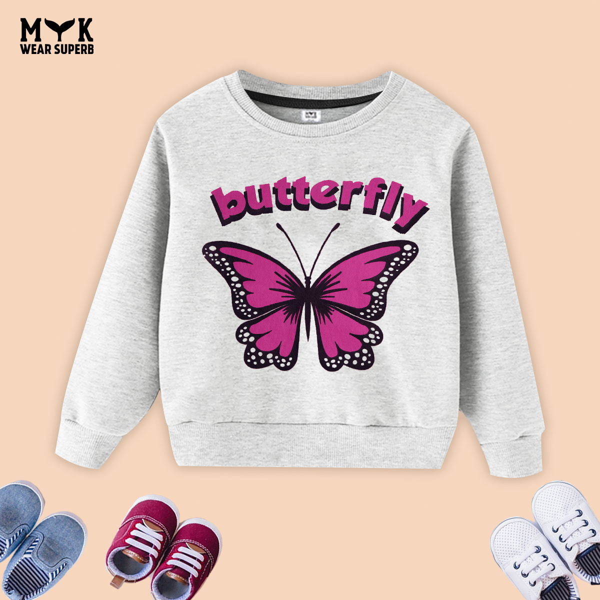 Baby Girls Pink & Grey Butterfly Print Premium Quality Sweatshirt