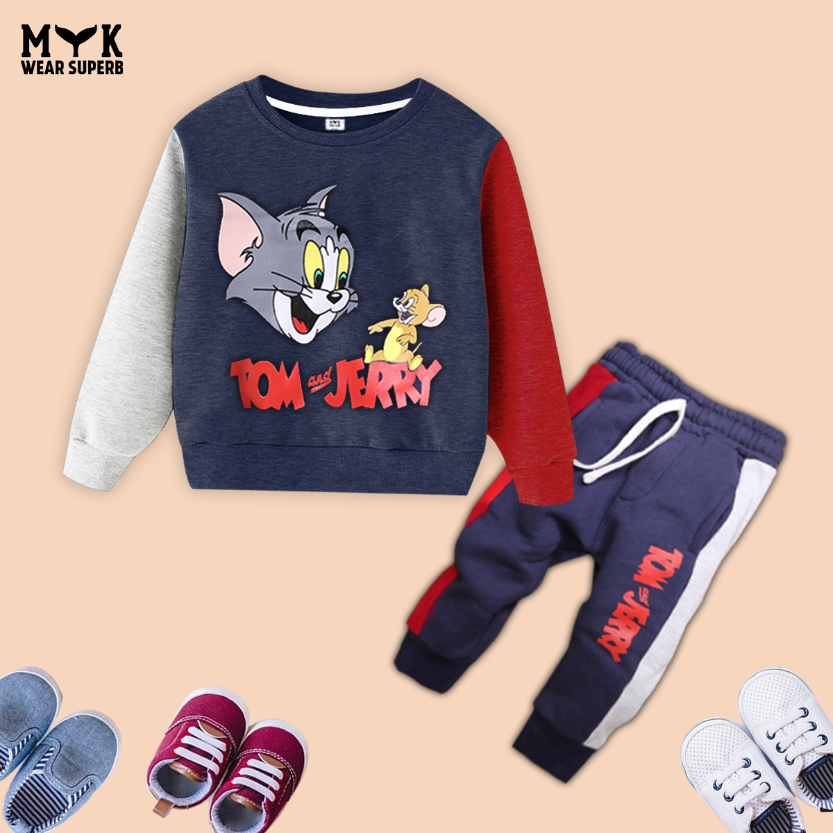 Kids Fleece Tom & Jerry Red ,Blue & Grey Sweatshirt With Trouser Premium Quality 2 Pcs Set