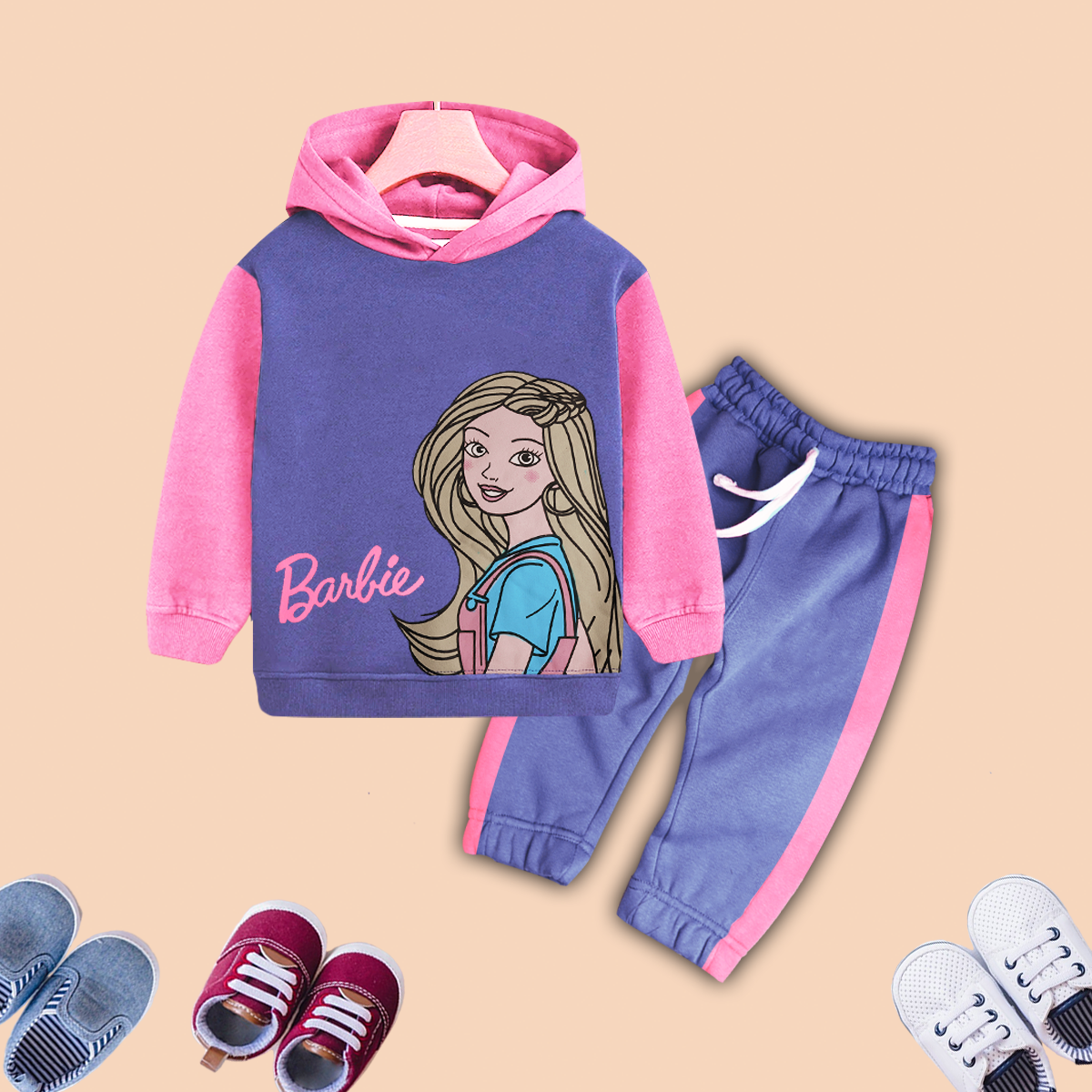 Baby Girls Barbie Fleece Pink Hoodie With Purple Panel Trouser 2 Piece premium Quality Set