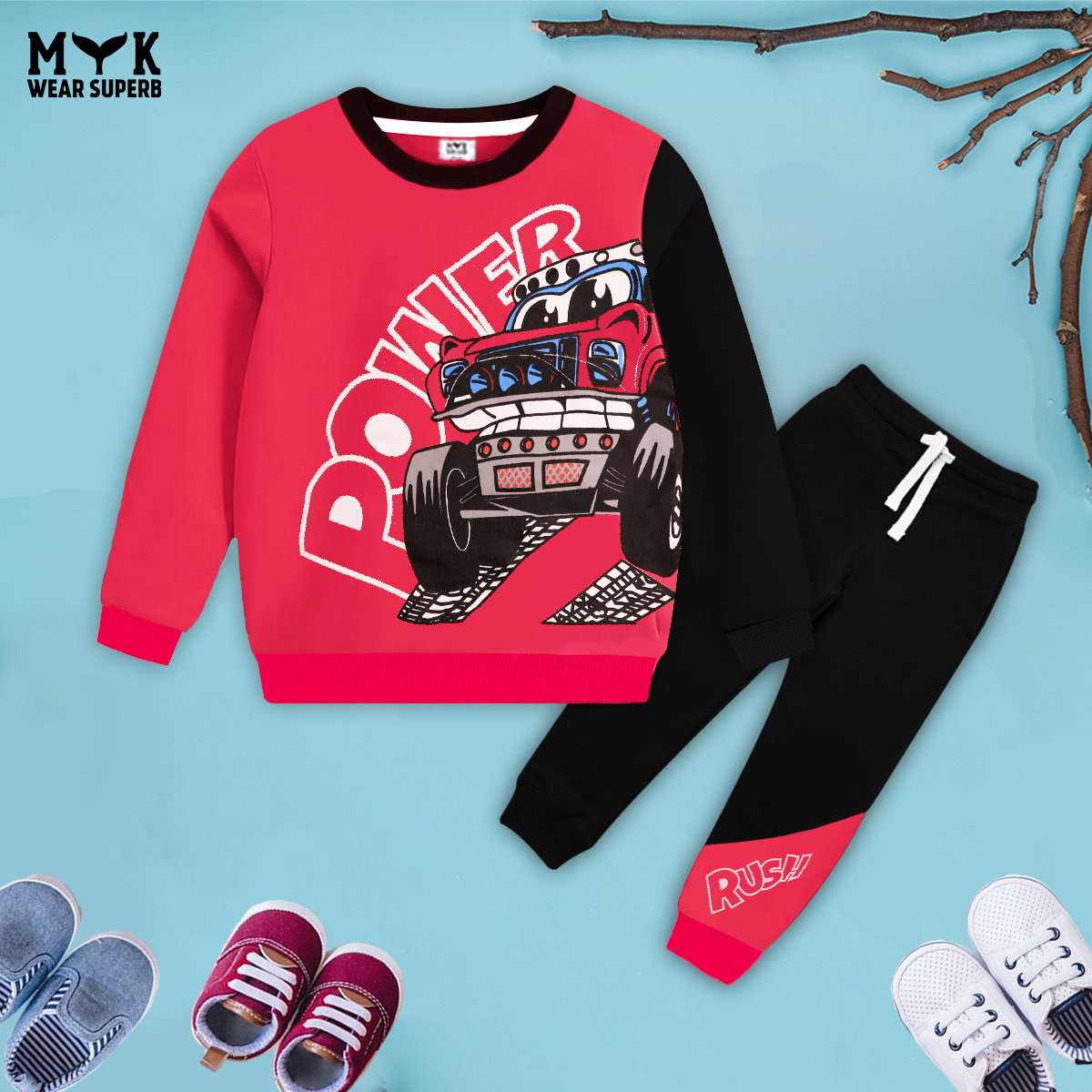 Truck Printed Pink  Sweatshirt & BlackTrouser With Dori Outfit Premium Quality Set