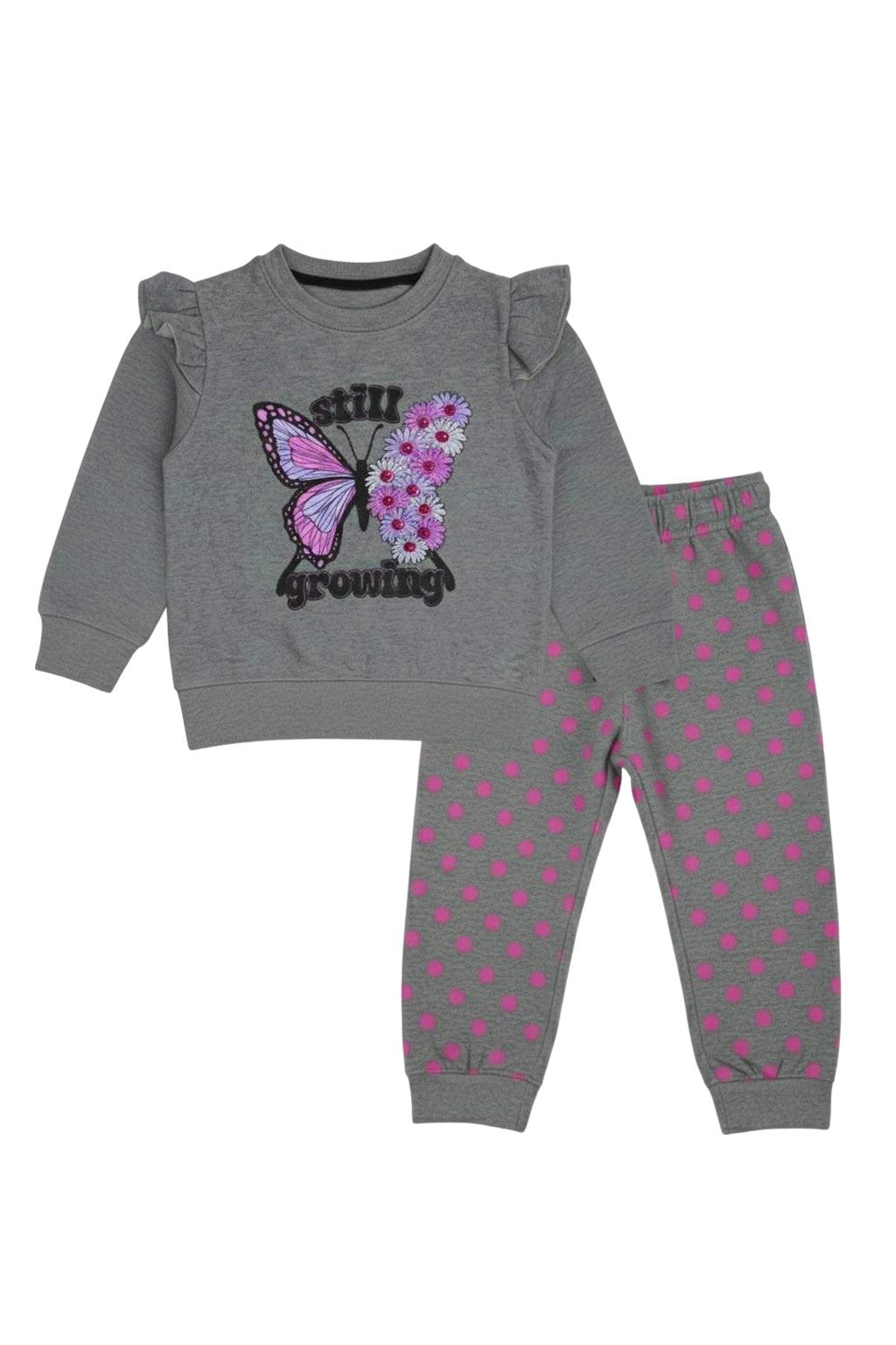 "Still Growing" Butterfly Graphic Grey Top and Pink Dot Pant Set 