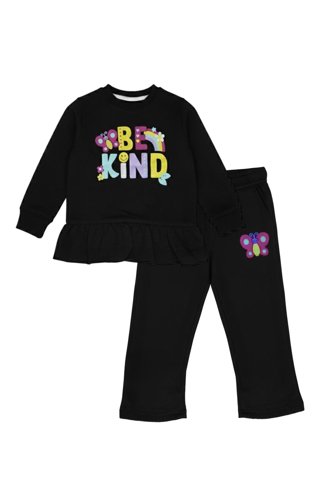 Girl Black Peplum "Be Kind" Butterfly Graphic Sweatsuit